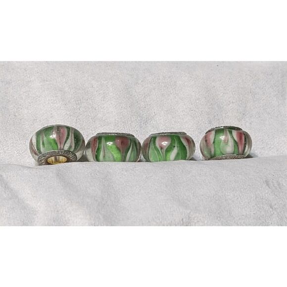 NEW SET OF 4 PANDORA MURANO BEADS TRANSLUCENT GREEN W/PINK & WHITE MARKINGS - BE